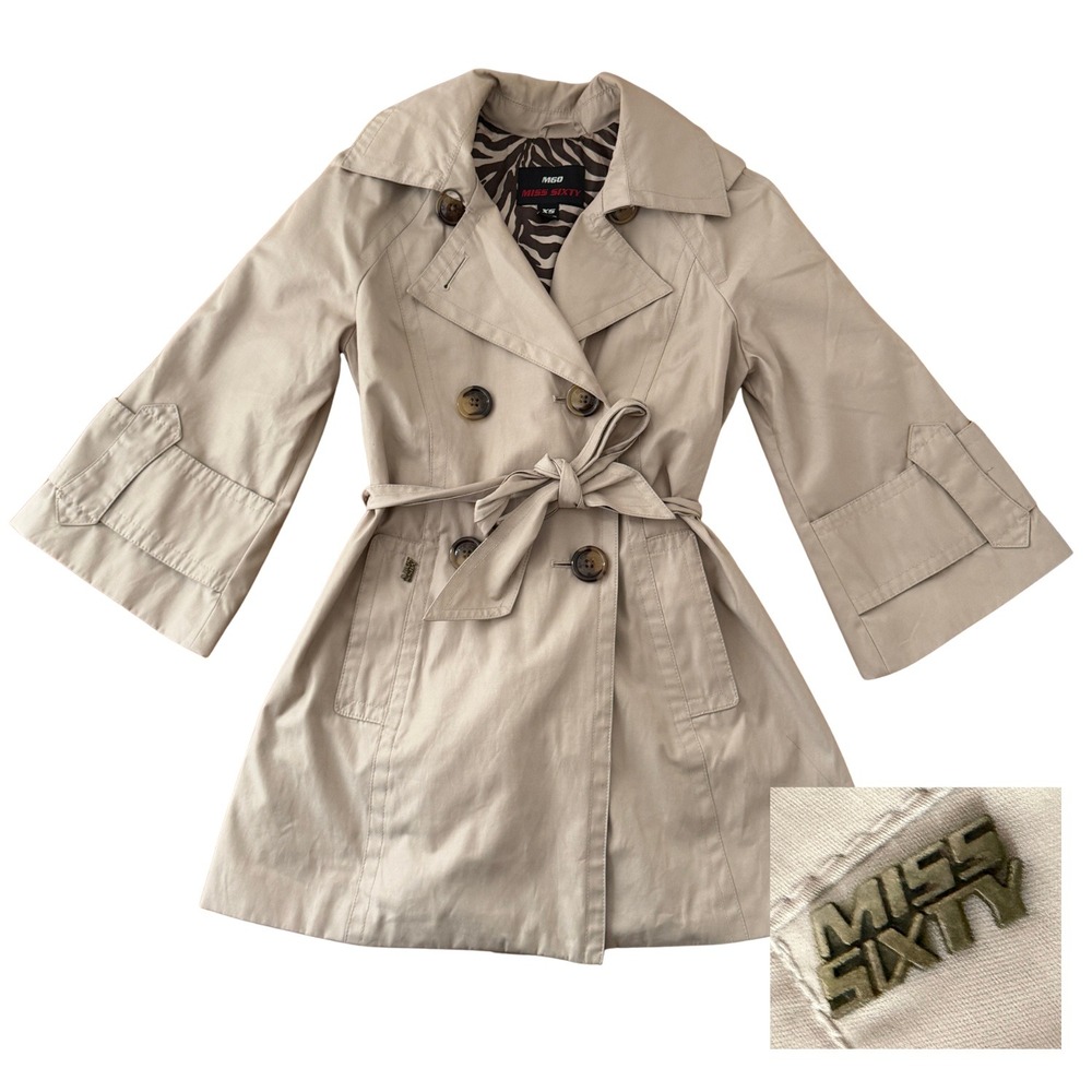 Miss Sixty Y2K Tan Trench Coat Zebra Lining Belted Bell Sleeves XS Logo Hardware